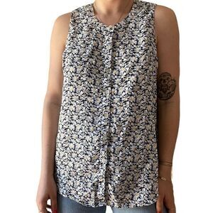 Cynthia Rowley 100% Linen Black Daisy Floral Sleeveless Tunic Blouse Sz M